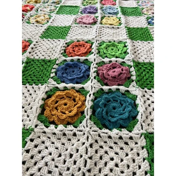 Handcrafted Colorful Granny Square Crochet Afghan Grandma Flower Roseanne Chic - Picture 5 of 5